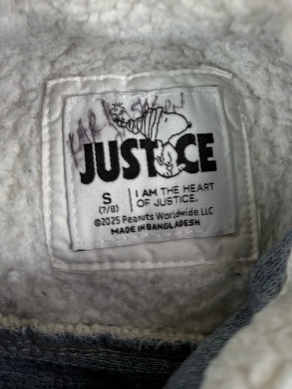 JUSTICE Girls Snoopy Peanuts 75th Sherpa Denim Jacket S 7/8 Ski Patches Winter